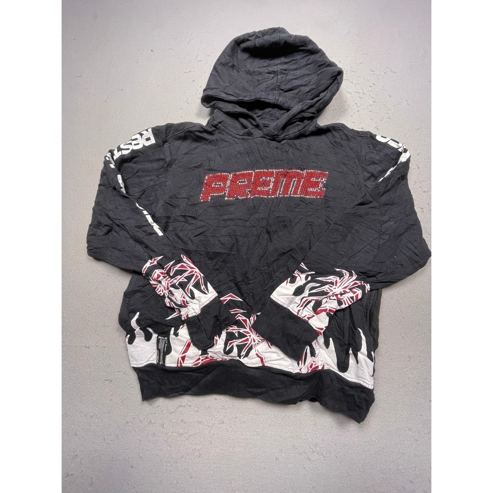 Preme Worlds Burning Graphic Hoodie Mens XL Black Rhinestone Streetwear Good